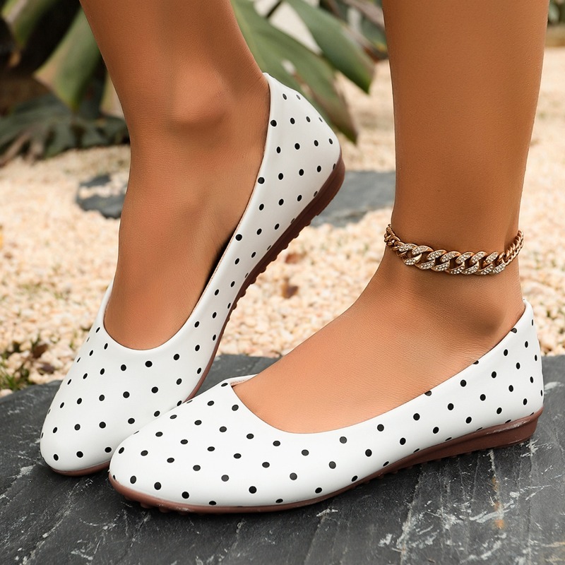 Women Shoes Loafers - Bayan Beyaz Puantiyeli Yuvarlak Burunlu 1.5CM