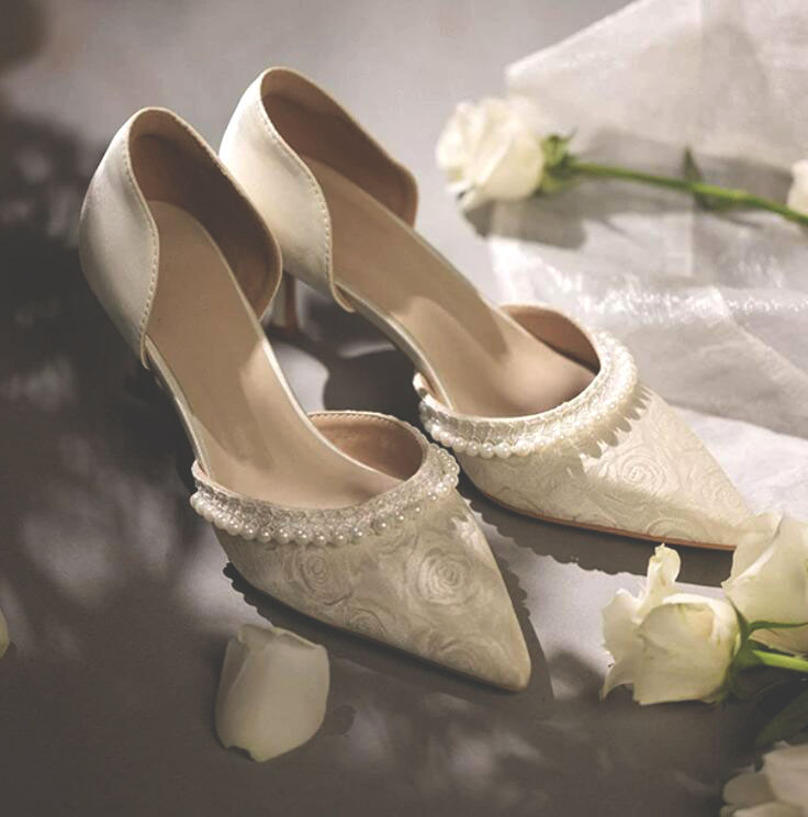 Women Shoes Size 7 - Bej Beyaz Çiçekli Saten İncili Mary